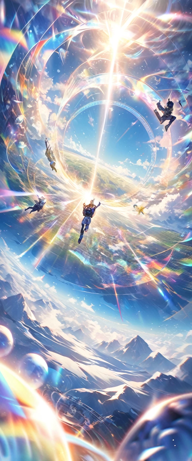 aerial photograph, Highest quality, Super Fine, 16K, 2.5D, delicate and dynamic, Formation Skydiving, Various colors and shapes, Abstract Image, Kaleidoscope effect, Magic Circle Effect, sunny, sunlight, Dust in the atmosphere, Subzero Dust, Beautiful colorful artwork, (Nice views:1.4)