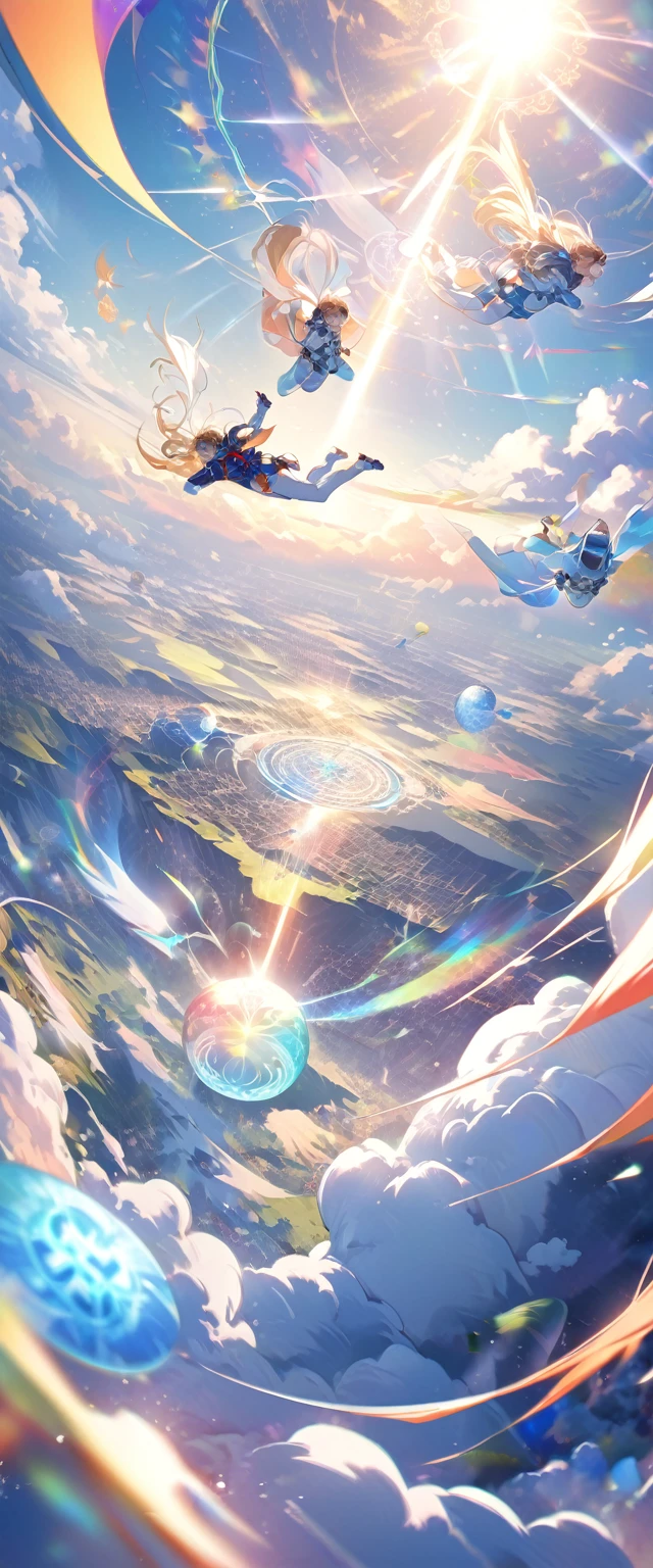 aerial photograph, Highest quality, Super Fine, 16K, 2.5D, delicate and dynamic, Formation Skydiving, Various colors and shapes, Abstract Image, Kaleidoscope effect, Magic Circle Effect, sunny, sunlight, Dust in the atmosphere, Subzero Dust, Beautiful colorful artwork, (Nice views:1.4)