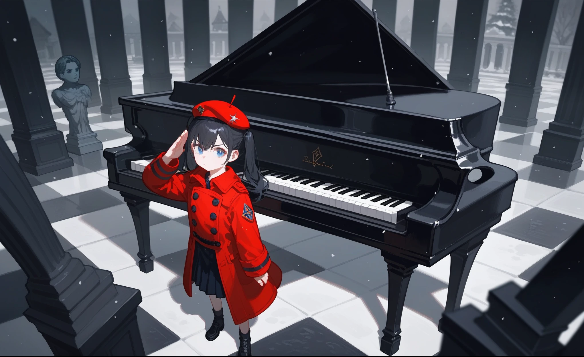 1Young girl，Black twin ponytails，Blue Eyes，Red beret，Red trench coat，（（（Black hair））），indoor，Black and white diamond floor tiles，Snowstorm outside，Piano decoration，and bloodstains on the floor，White blood-stained statue inside the house，serious，salute