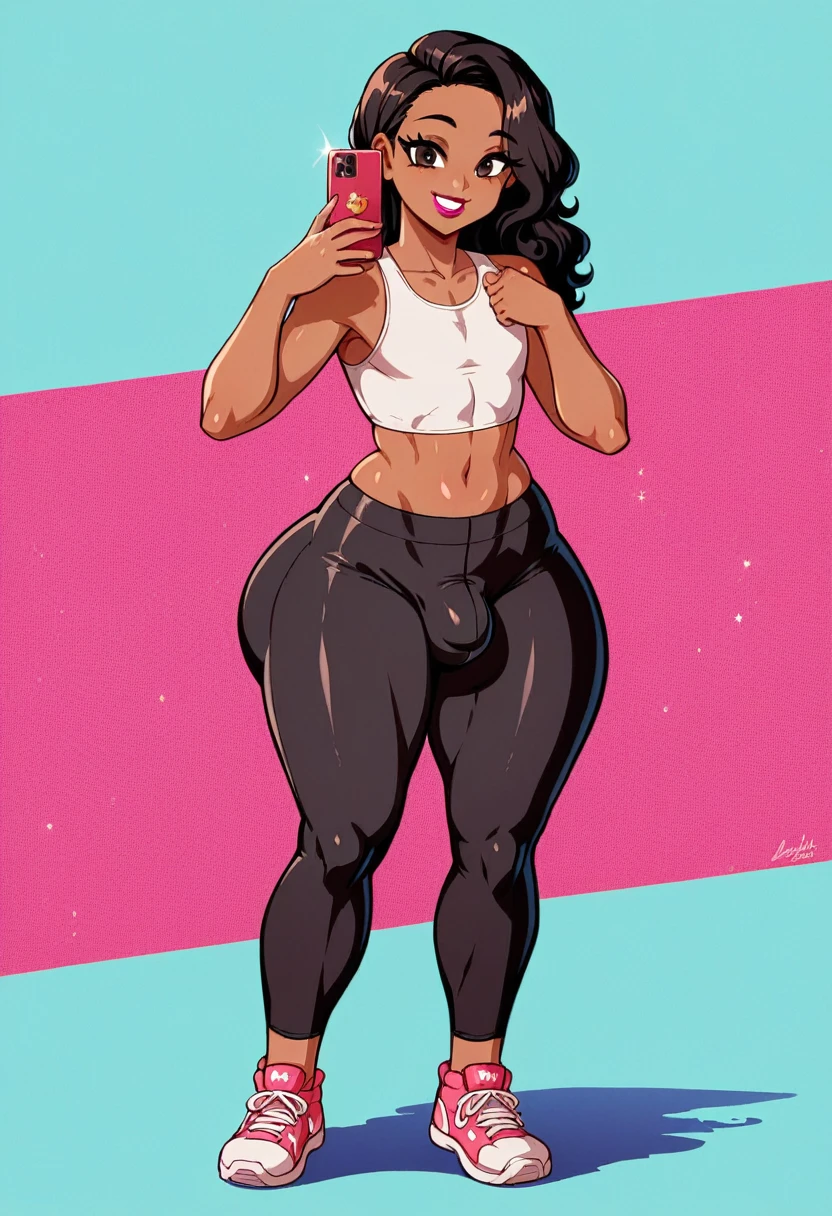 (extremely detailed CG unity 4k wallpaper),(masterpiece),(best quality),(ultra-detailed),(best illustration),(best shadow),(absurdres),(detailed background) femboy, cute,taking a selfie, brown eyes, dark skin, american, curly long black hair, yoga pants, supreme croptop, Jordan sneakers,  thick thighs, big ass, flat chest, field full of flowers, bulge, black eyeliner, sparkly gold color lipstick, Smile, New york city background,