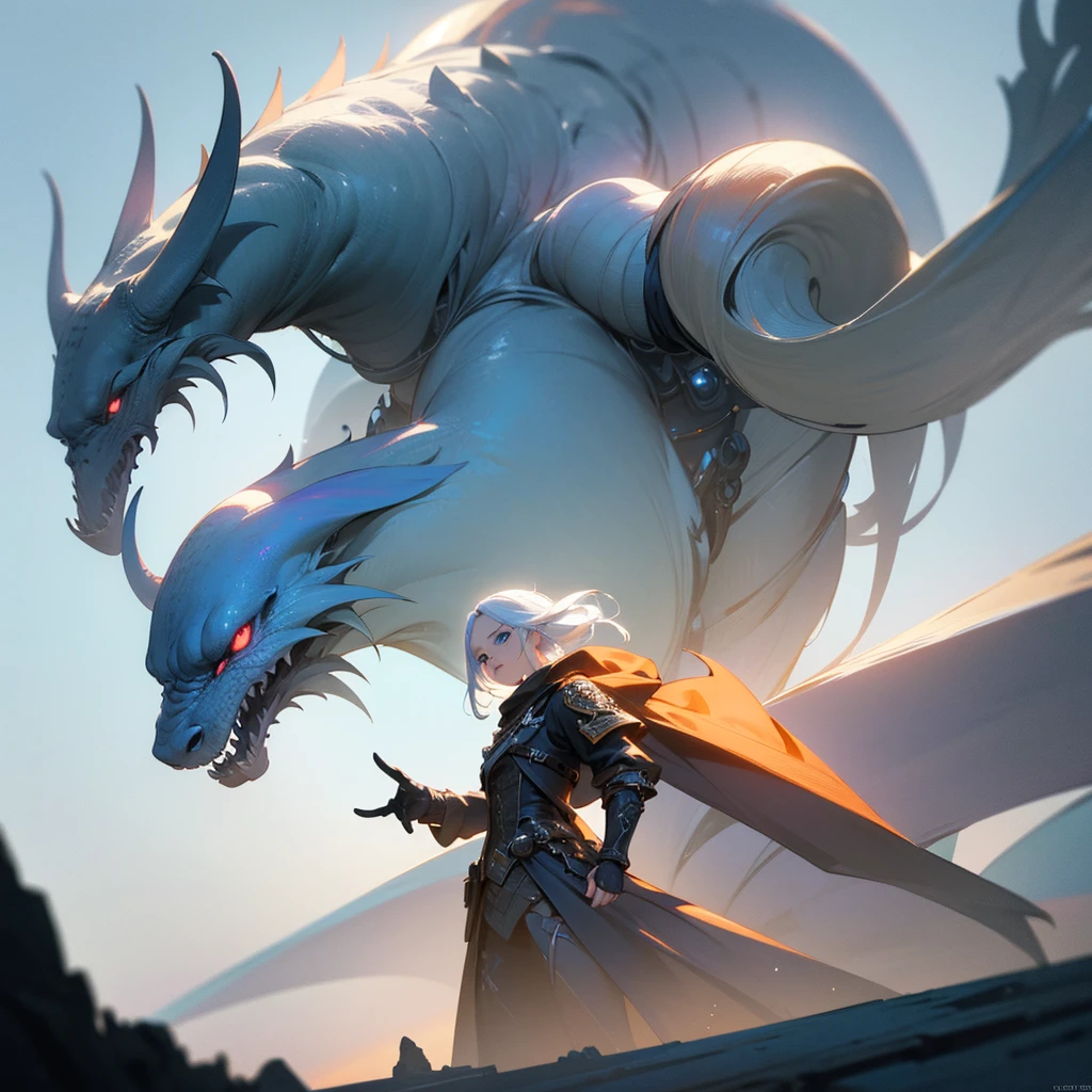 a detailed cinematic scene of a young woman and man with white hair and blue eyes, venturing into a city of beastly humanoid creatures, (best quality,4k,8k,highres,masterpiece:1.2),ultra-detailed,(realistic,photorealistic,photo-realistic:1.37),cinematic lighting,dramatic atmosphere,detailed architecture,fantastical creatures,intricate details,cinematic composition,dramatic lighting,vibrant colors,cinematic camera angle,hyper-realistic textures,ethereal,fantasy,concept art style