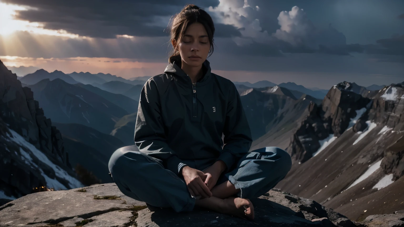 Highly detailed image of a person meditating on top of a mountain, on a clear day. Loose Clothes. cinematic lighting.
