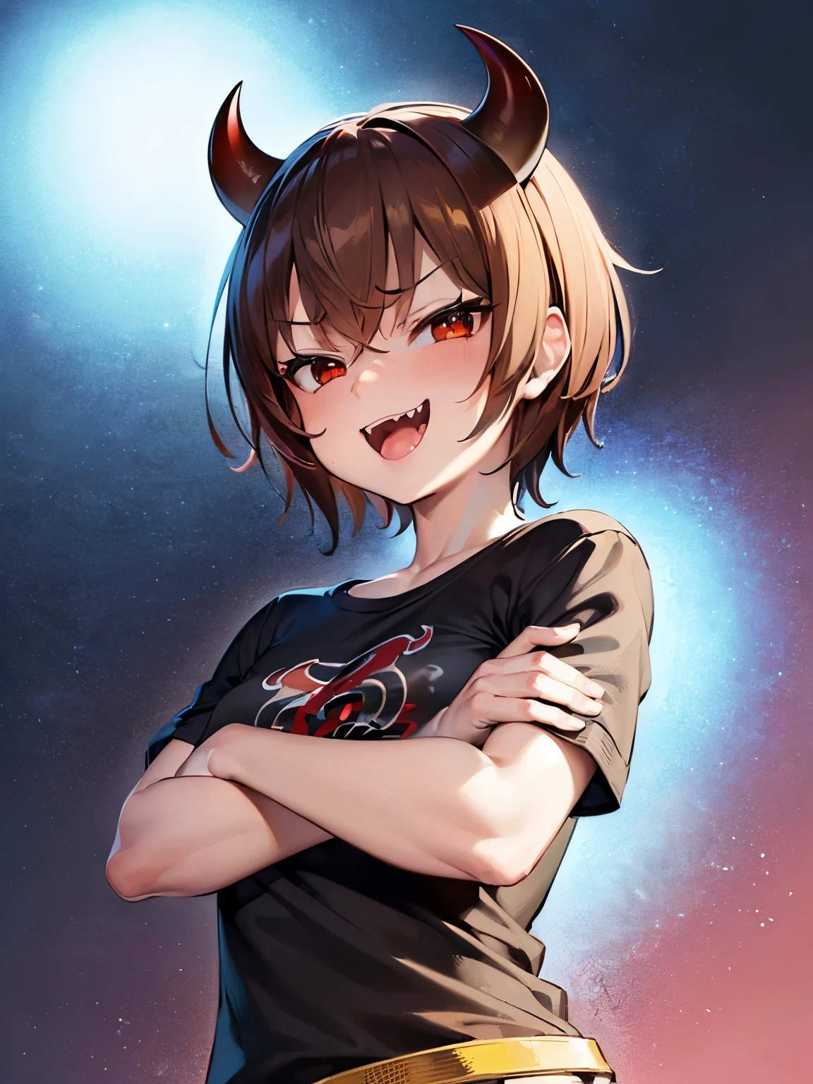 (SFW:1.5),(Small breasts:1.5),beautiful, masterpiece, Highest quality, anime, 1 Female, alone, look at viewer, Intricate details, (Shining Eyes:1.3),(Beautifully detailed eyes:1.1),(Eyes are bright red:1.5),(short hair:1.5),(sidelocks:1.4),(Demon horns on head:1.5),(Brown Hair:1.5), (slant eyes), Cheerful eyes,(Mouth wide open and fangs:1.5),(t-shirt:1.5),(jeans:1),(Sharp focus:1.2),from front,(light smile:1),(portrait:2),aggressive,(fighting stance),(anatomically correct:1.5),(crossed arms:1.5),(small breasts:1.5),centered in frame,central framing,detailed face