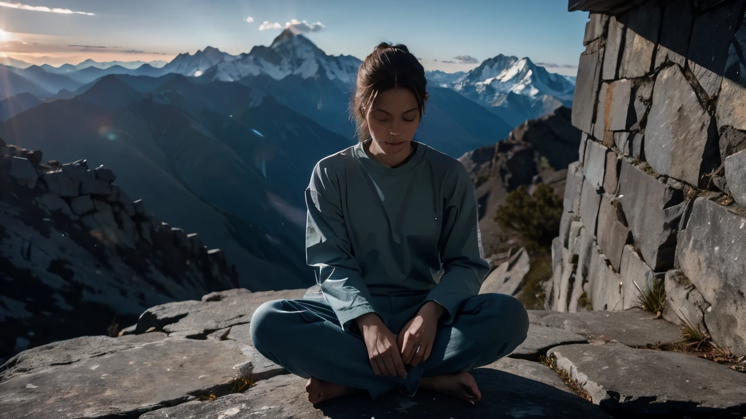 Highly detailed image of a person meditating on top of a mountain, on a clear day. Loose Clothes. cinematic lighting.