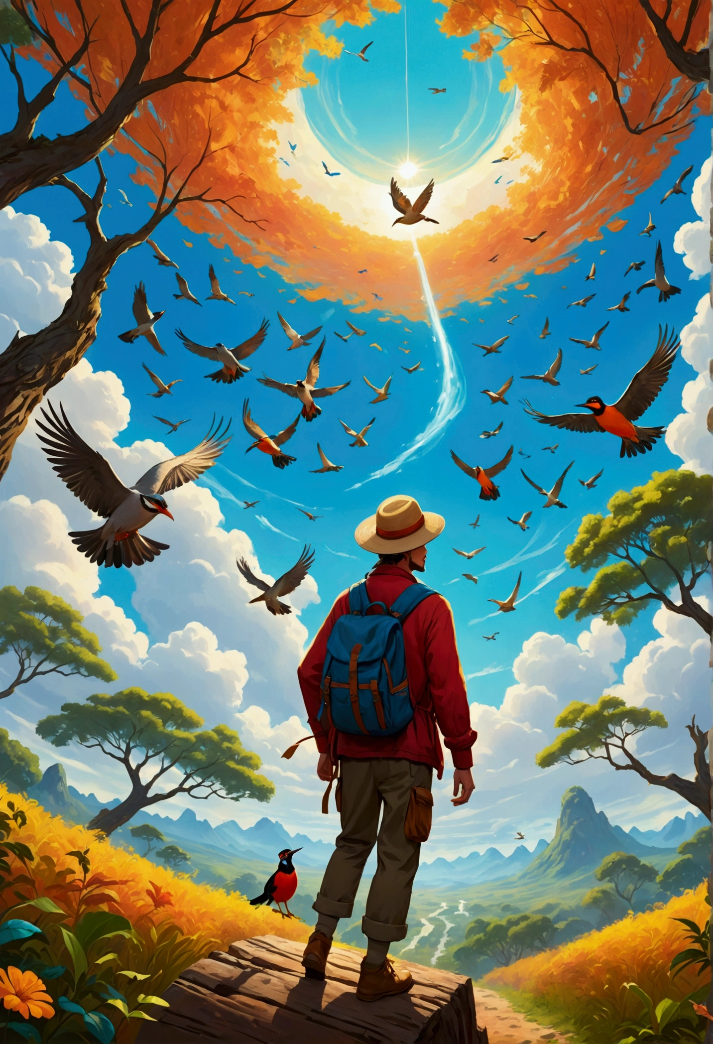 A man wearing a hat、The adventurer with a backpack stands in the center, Leaves spinning on the tree，Different birds flying in the sky，Bright colors capture energy. This artwork combines fantasy and realism，