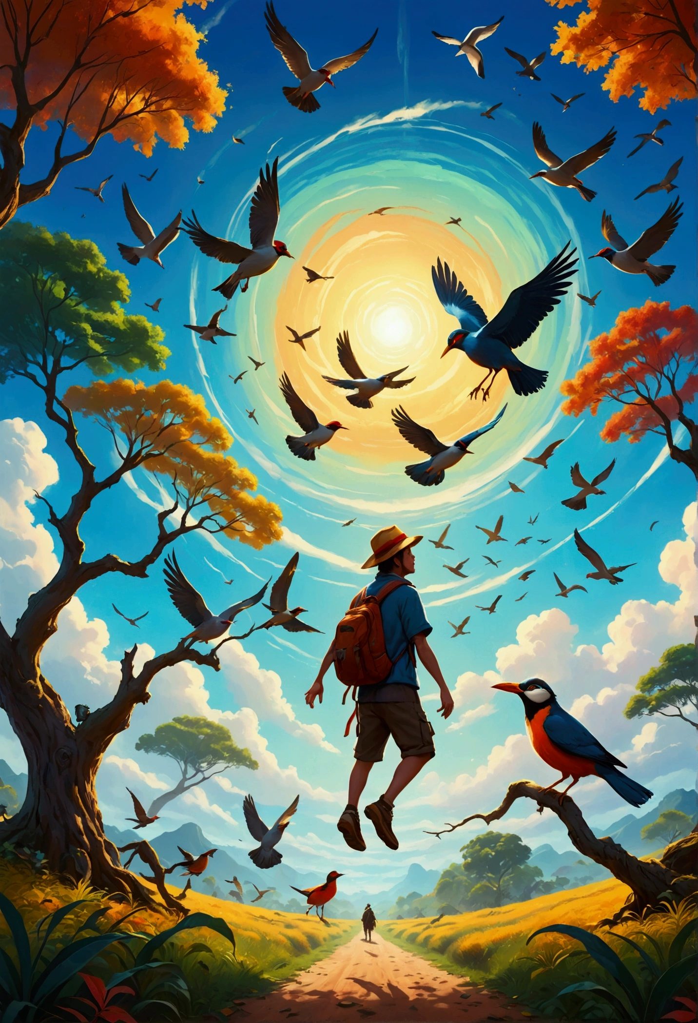 A man wearing a hat、The adventurer with a backpack stands in the center, Leaves spinning on the tree，Different birds flying in the sky，Bright colors capture energy. This artwork combines fantasy and realism，