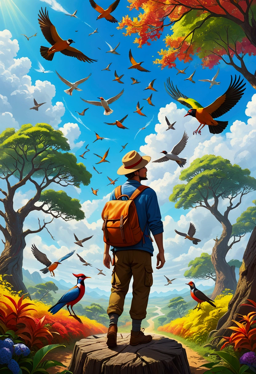 A man wearing a hat、The adventurer with a backpack stands in the center, Leaves spinning on the tree,Different birds flying in the sky,Bright colors capture energy. This artwork combines fantasy and realism,