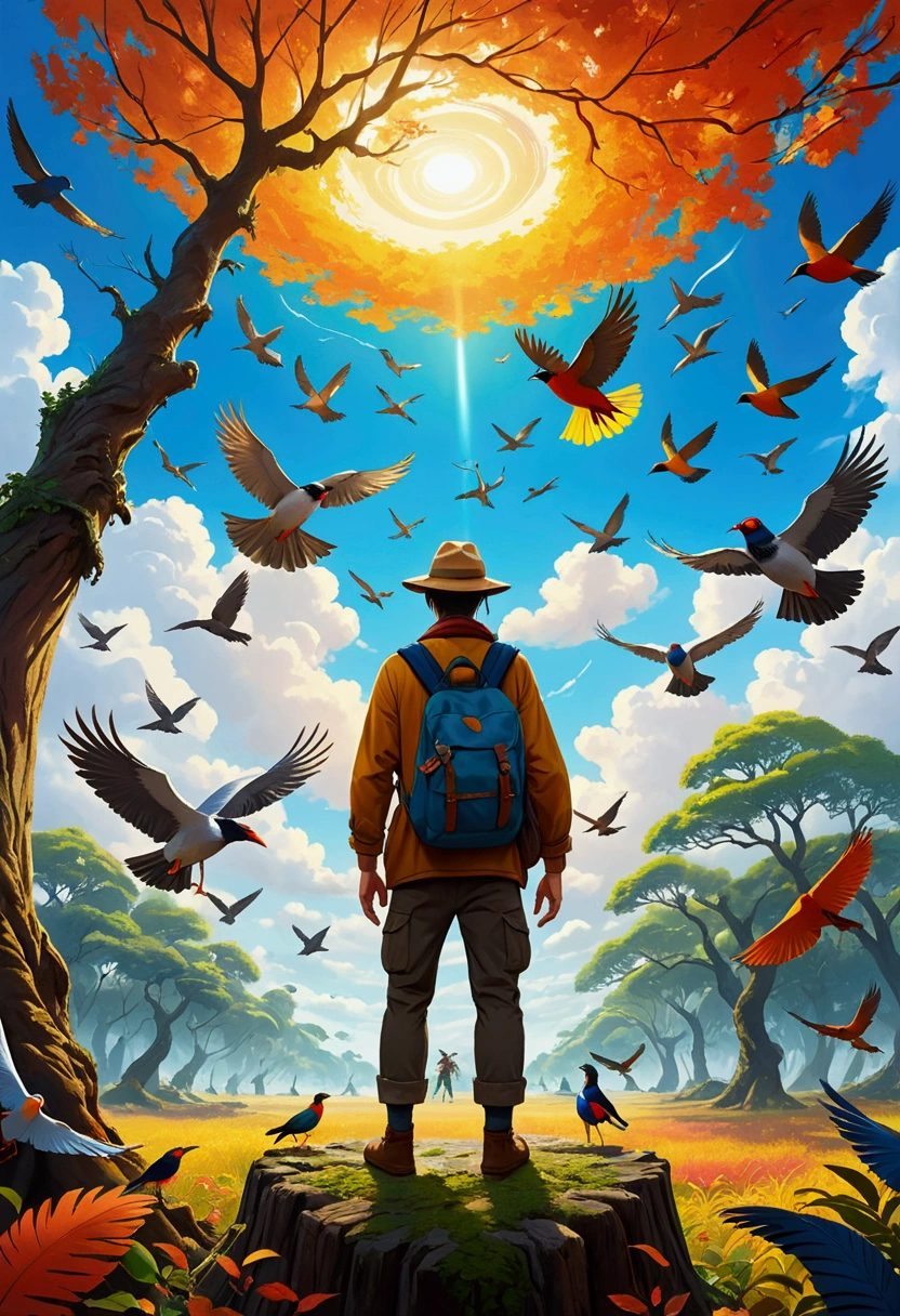 A man wearing a hat、The adventurer with a backpack stands in the center, Leaves spinning on the tree，Different birds flying in the sky，Bright colors capture energy. This artwork combines fantasy and realism，