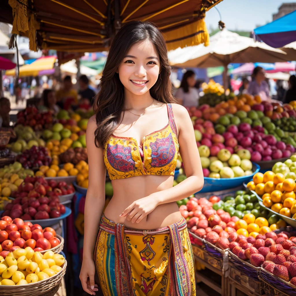 portrait of a young smiling woman, exotic market background, vibrant colors, detailed stalls, diverse products, natural lighting, sharp focus, bokeh effect, realistic, highly detailed, full-body shot