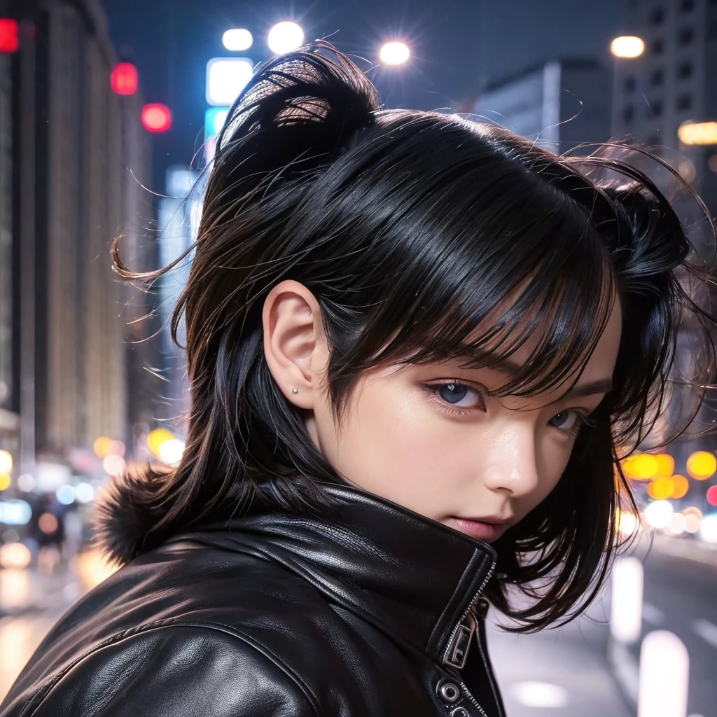 of the highest quality, masterpiece, ultra high resolution, (realist: 1.4), Photo original, Wallpaper, head photo, fur, simple background, iris, detailed, autophoto, 1 chico, 18 years, good looking, wind,leather jacket、city at night