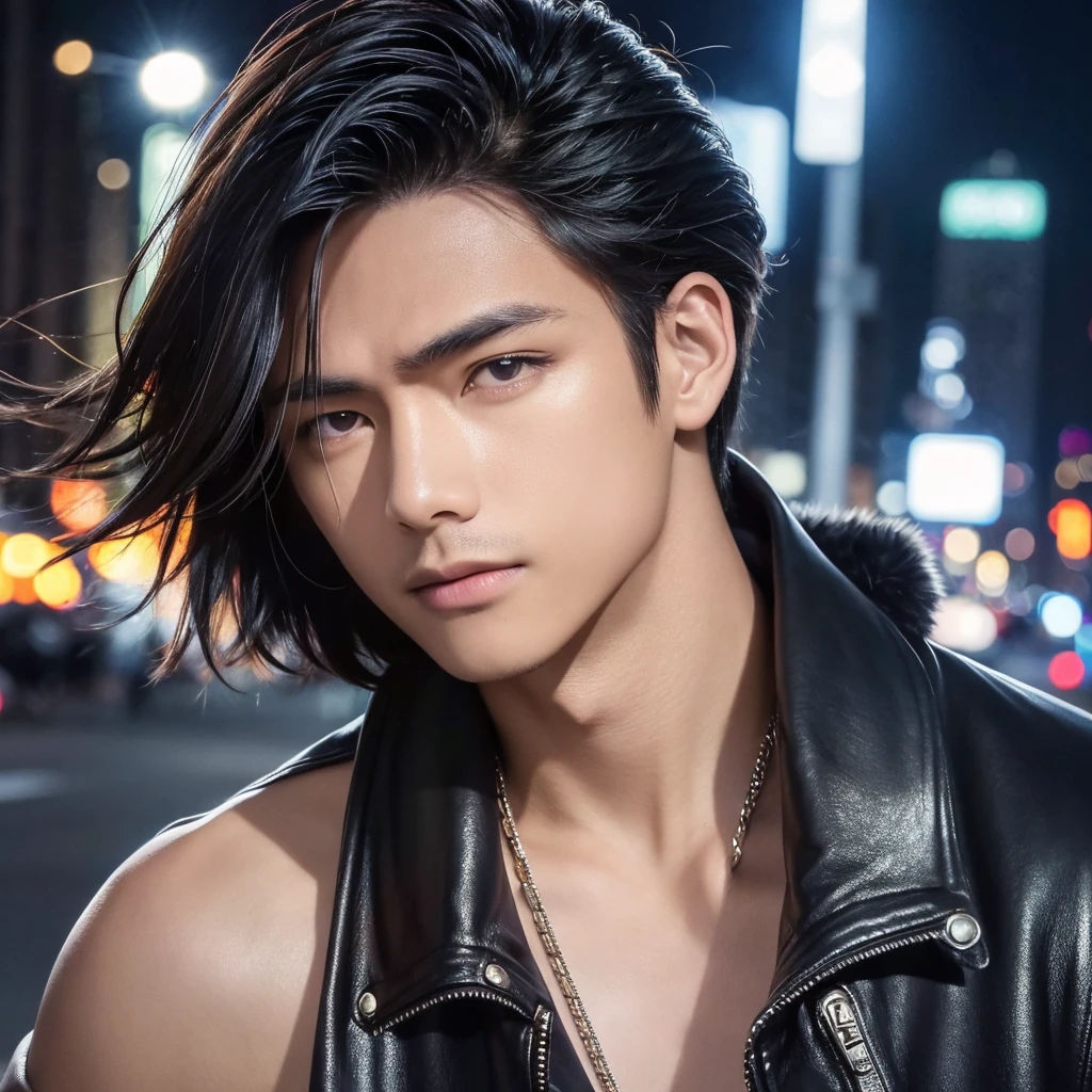 of the highest quality, masterpiece, ultra high resolution, (realist: 1.4), Photo original, Wallpaper, head photo, fur, simple background, iris, detailed, autophoto, 1 chico, 18 years, good looking, wind,leather jacket、city at night