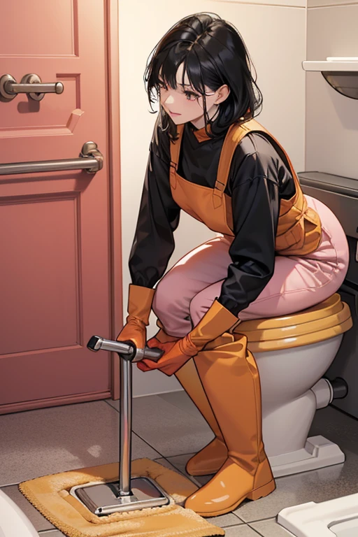 A black-haired mature woman wearing an ochre long-sleeved shirt, red gym pants, large pink rubber gloves, and white rubber boots cleaning the toilet