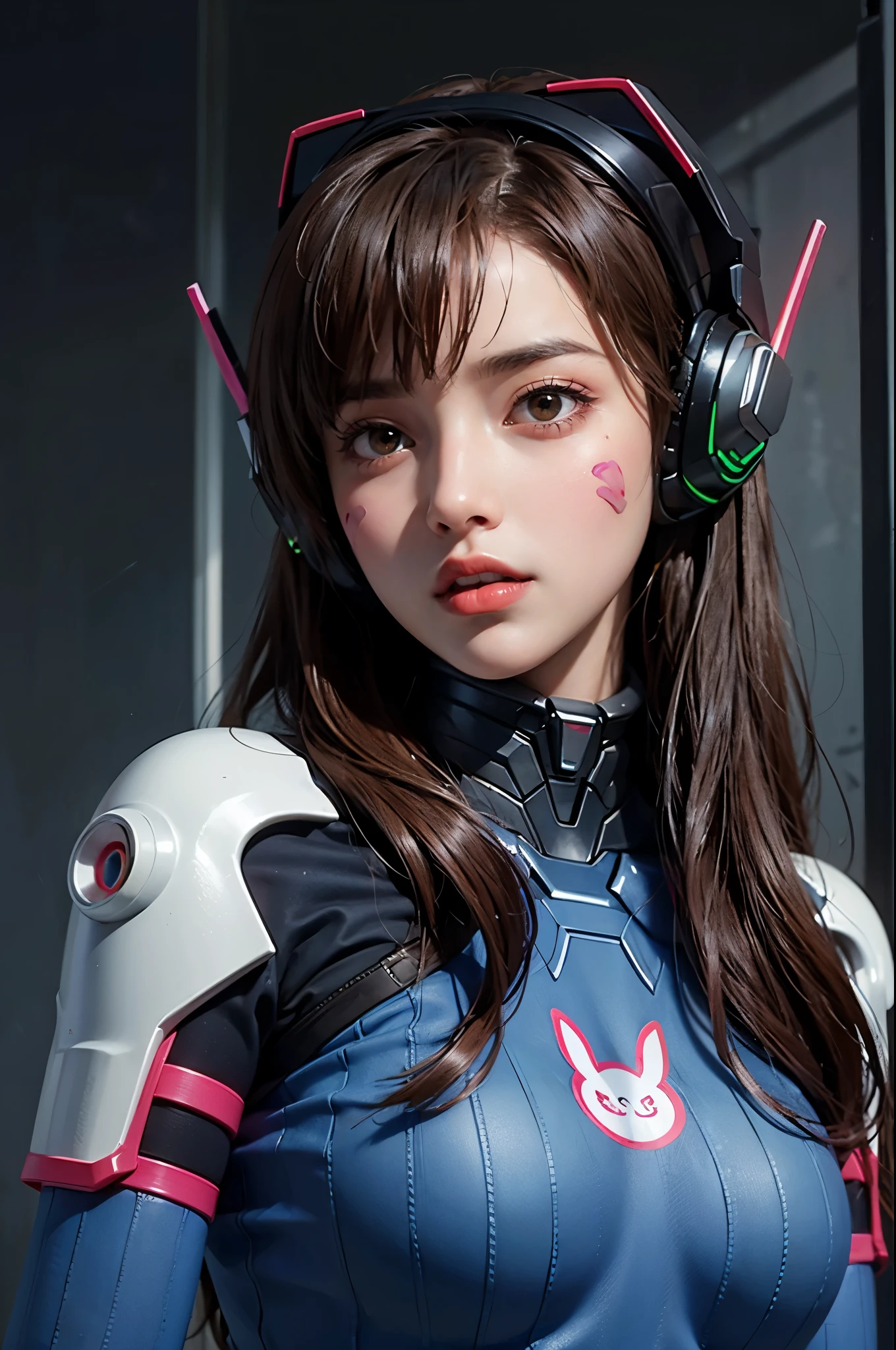 1girl, high res, highly detail, masterpiece, best quality, aahana, long hair, brown hair, headphones, whisker markings, shoulder pads, blue bodysuit, ribbed bodysuit, animal print, clothes writing, long sleeves, white gloves