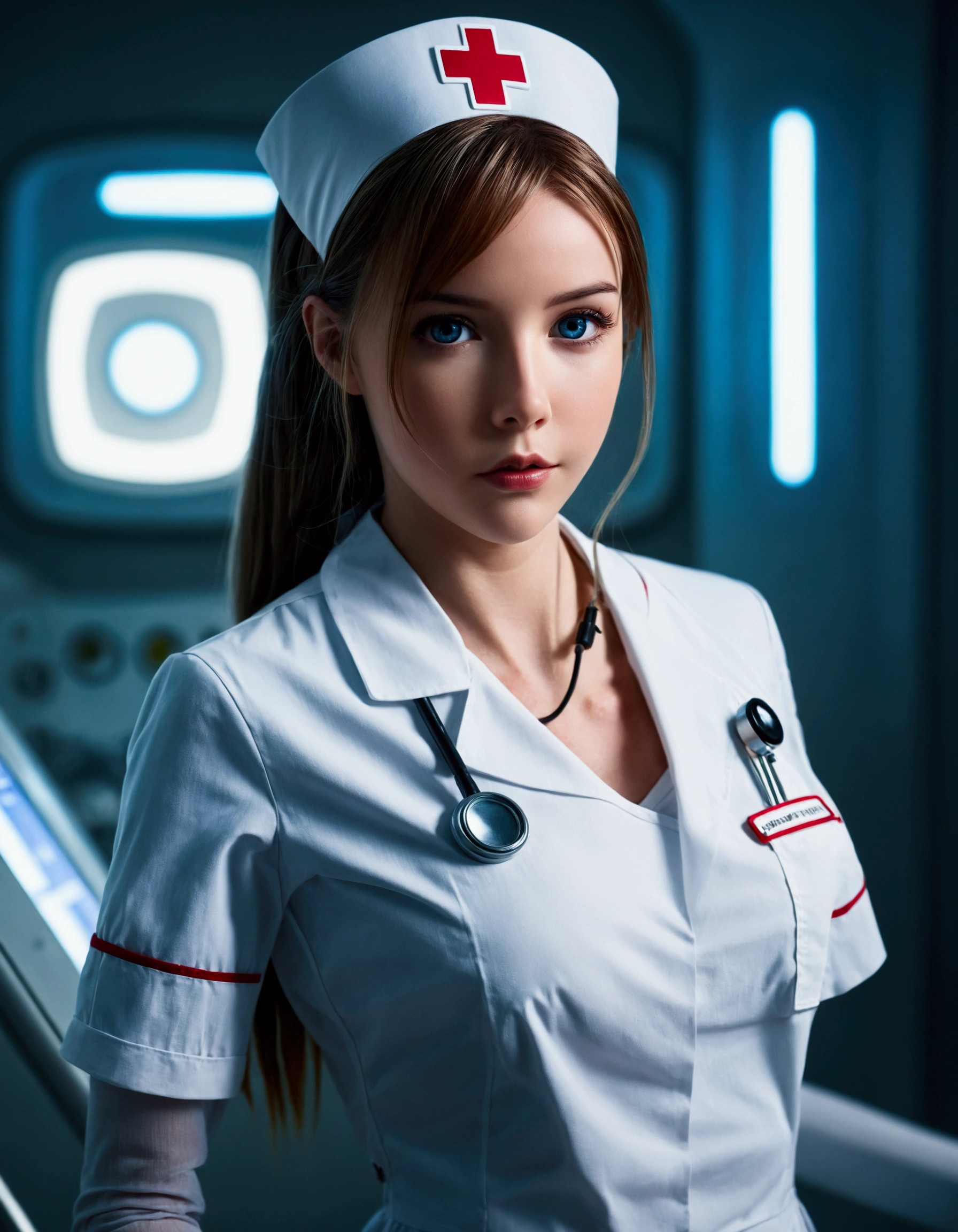 A super heroine (nurse themed outfit, athletic, amazing eyes, tool bag for surgery) in a heroic pose, aliens invade Tokyo
