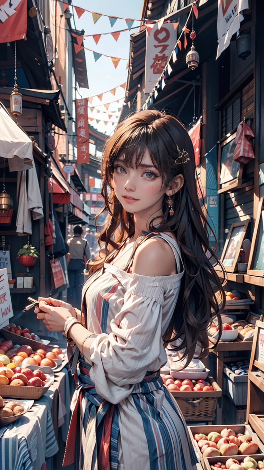 Women shopping in a Roman market。They wore simple linen stripes.(Tunic)I am wearing、Colorful penula on shoulder(shawl)is hung。In the background are bustling market stalls and people.々The hustle and bustle spreads。