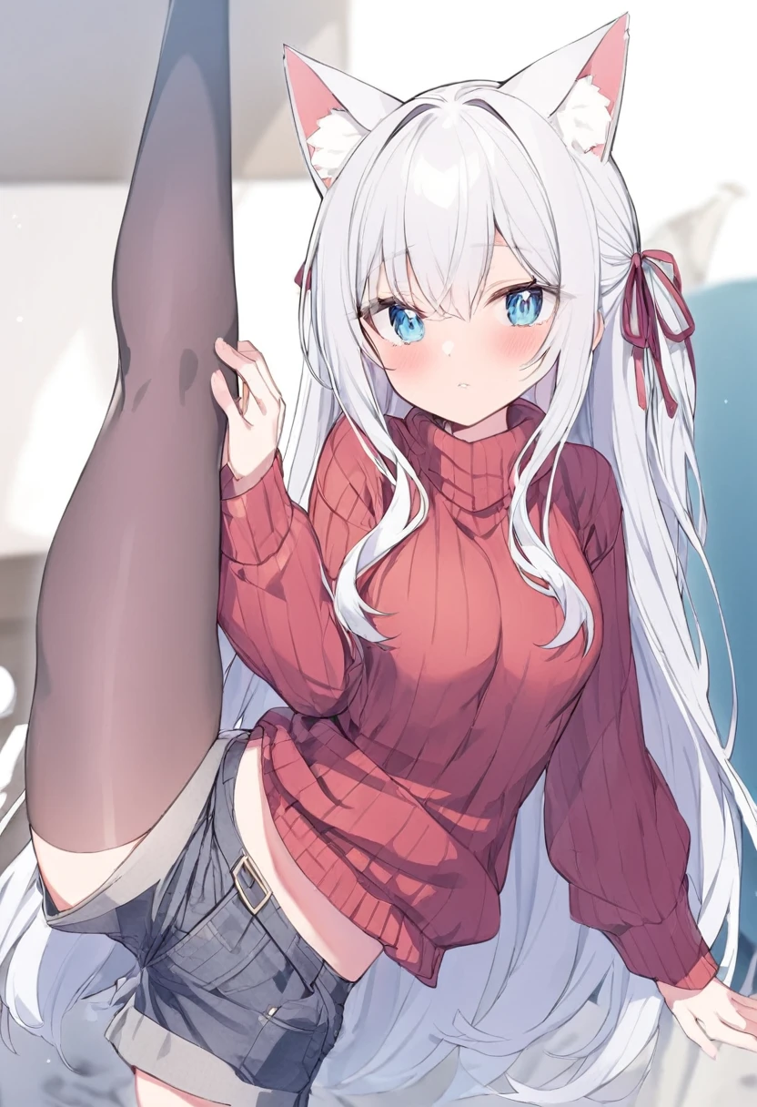 cat ears girl, blue eyes, by white, by the wide, red ribbed sweater