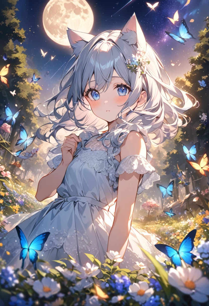 Attention to detail, Super Detail, Ultra-high resolution, A girl with cat ears having a good time in a dream galaxy, Full moon behind the girl, The color of the moon is light blue,The moonlight shining down on her, The background is a forest with the Milky Way visible, Colorful butterflies flutter around her,Flower field in the forest,Delicate face, Add a fantastical atmosphere ,