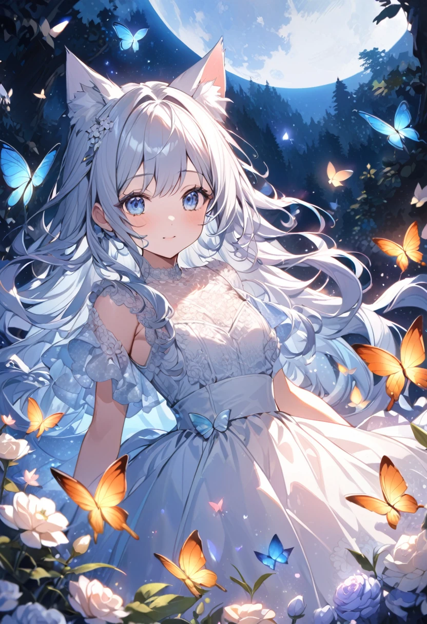 Attention to detail, Super Detail, Ultra-high resolution, A girl with cat ears having a good time in a dream galaxy, Full moon behind the girl, The color of the moon is light blue,The moonlight shining down on her, The background is a forest with the Milky Way visible, Colorful butterflies flutter around her,Flower field in the forest,Delicate face, Add a fantastical atmosphere , 