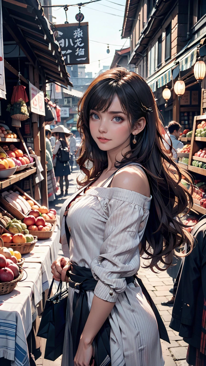 Women shopping in a Roman market。They wore simple linen stripes.(Tunic)I am wearing、Colorful penula on shoulder(shawl)is hung。In the background are bustling market stalls and people.々The hustle and bustle spreads。
