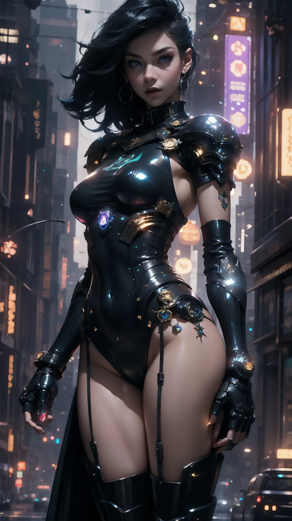 from high, high view shot, in the heart of a futuristic fantasy city, a young beautiful woman with a full body mecha armor, middle blue middle black hair, sexy armor, holding a large gun. in city, in the fantasy streets, sensual pose, create an atmosphere of fantasy creatures, energy and neon lights. good quality eyes, cyan eyes, ultra detailed, beautiful and aesthetically pleasing, masterpiece, 4k, ray tracing, medium body, low view, particles and hard neon sparkles, focus on blue and black color