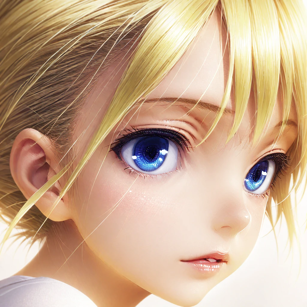 portrait, Practical, blue eyes, Blonde hair, Mid-chest, 4K resolution, High quality CG, Beautiful CG, Soft Light, Octane Rendering, white t-shirt, parted lips, close shot