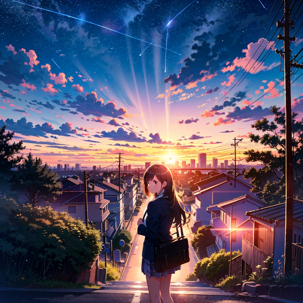 (((Highest quality))), (((Super detailed))), (((Clear))), 1 girl, blazer, looking at camera, holding school bag in both hands, building, cityscape, clouds, cloudy sky , Gradient Sky, Lens Flare, No People, Outdoors, Power Line, Landscape, Shooting Star, Sky, Shine, Starry Sky, Sunset, Tree, Telephone Pole
