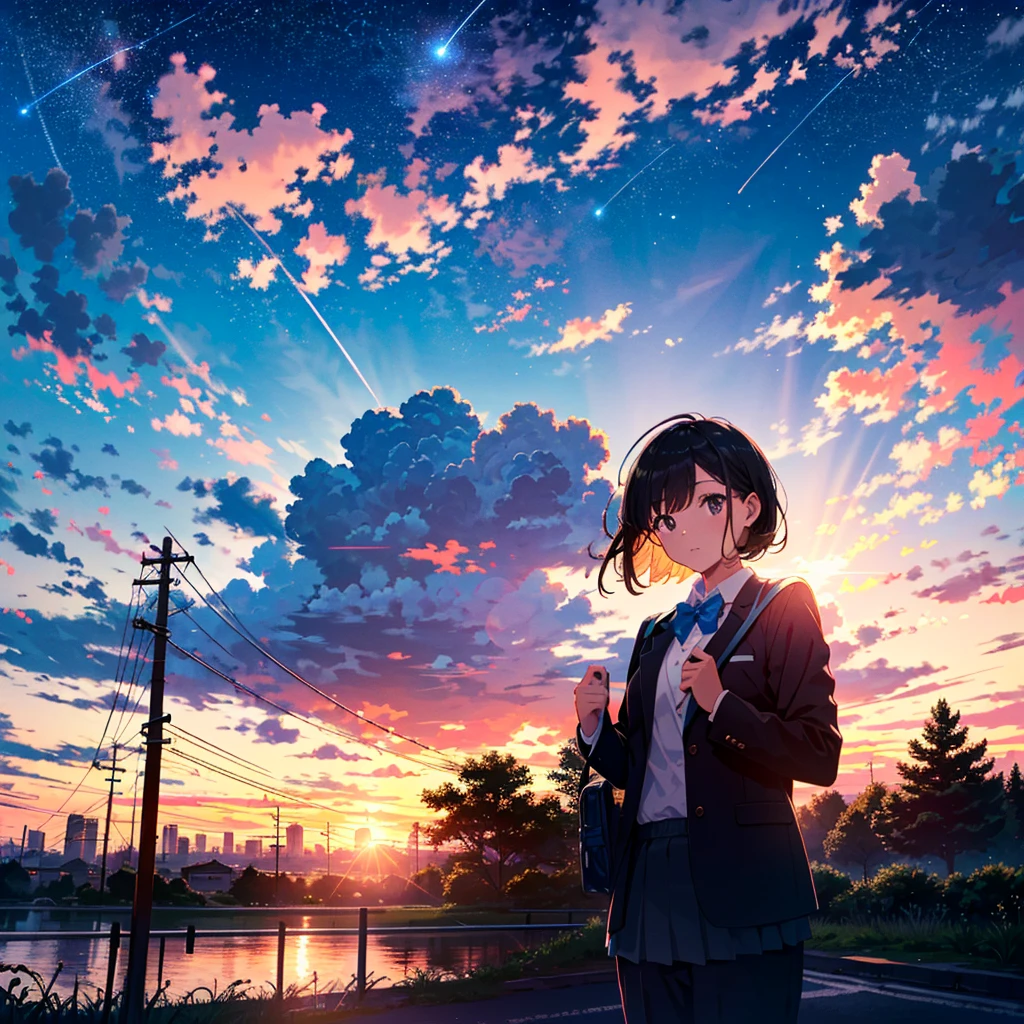 (((Highest quality))), (((Super detailed))), (((Clear))), 1 girl, blazer, looking at camera, holding school bag in both hands, building, cityscape, clouds, cloudy sky , Gradient Sky, Lens Flare, No People, Outdoors, Power Line, Landscape, Shooting Star, Sky, Shine, Starry Sky, Sunset, Tree, Telephone Pole