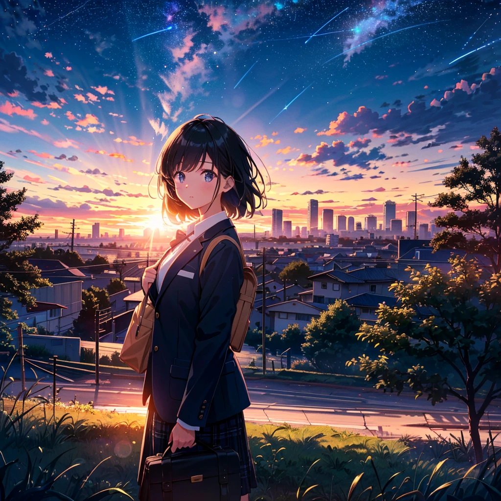 (((Highest quality))), (((Super detailed))), (((Clear))), 1 girl, blazer, looking at camera, holding school bag in both hands, building, cityscape, clouds, cloudy sky , Gradient Sky, Lens Flare, No People, Outdoors, Power Line, Landscape, Shooting Star, Sky, Shine, Starry Sky, Sunset, Tree, Telephone Pole