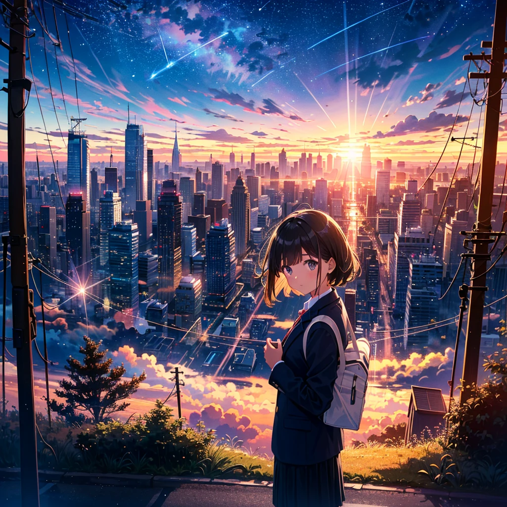 (((Highest quality))), (((Super detailed))), (((Clear))), 1 girl, blazer, looking at camera, holding school bag in both hands, building, cityscape, clouds, cloudy sky , Gradient Sky, Lens Flare, No People, Outdoors, Power Line, Landscape, Shooting Star, Sky, Shine, Starry Sky, Sunset, Tree, Telephone Pole