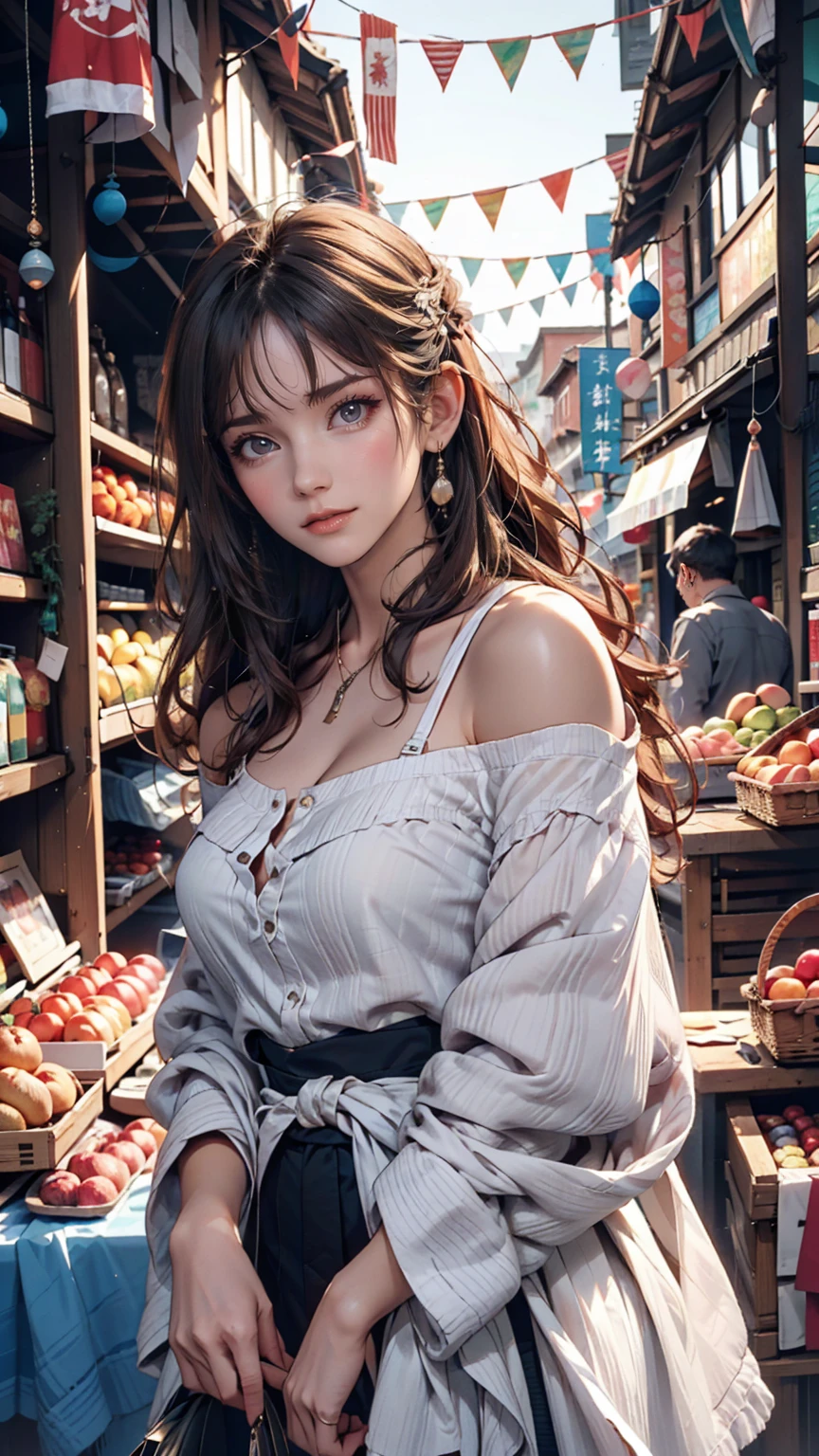 Women shopping in a Roman market。They wore simple linen stripes.（Tunic）I am wearing、Colorful penula on shoulder（shawl）is hung。In the background are bustling market stalls and people.々The hustle and bustle spreads。