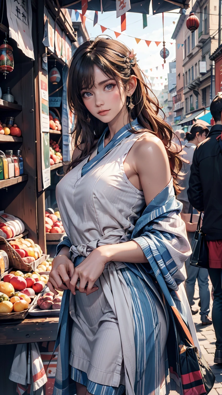 Women shopping in a Roman market。They wore simple linen stripes.(Tunic)I am wearing、Colorful penula on shoulder(shawl)is hung。In the background are bustling market stalls and people.々The hustle and bustle spreads。