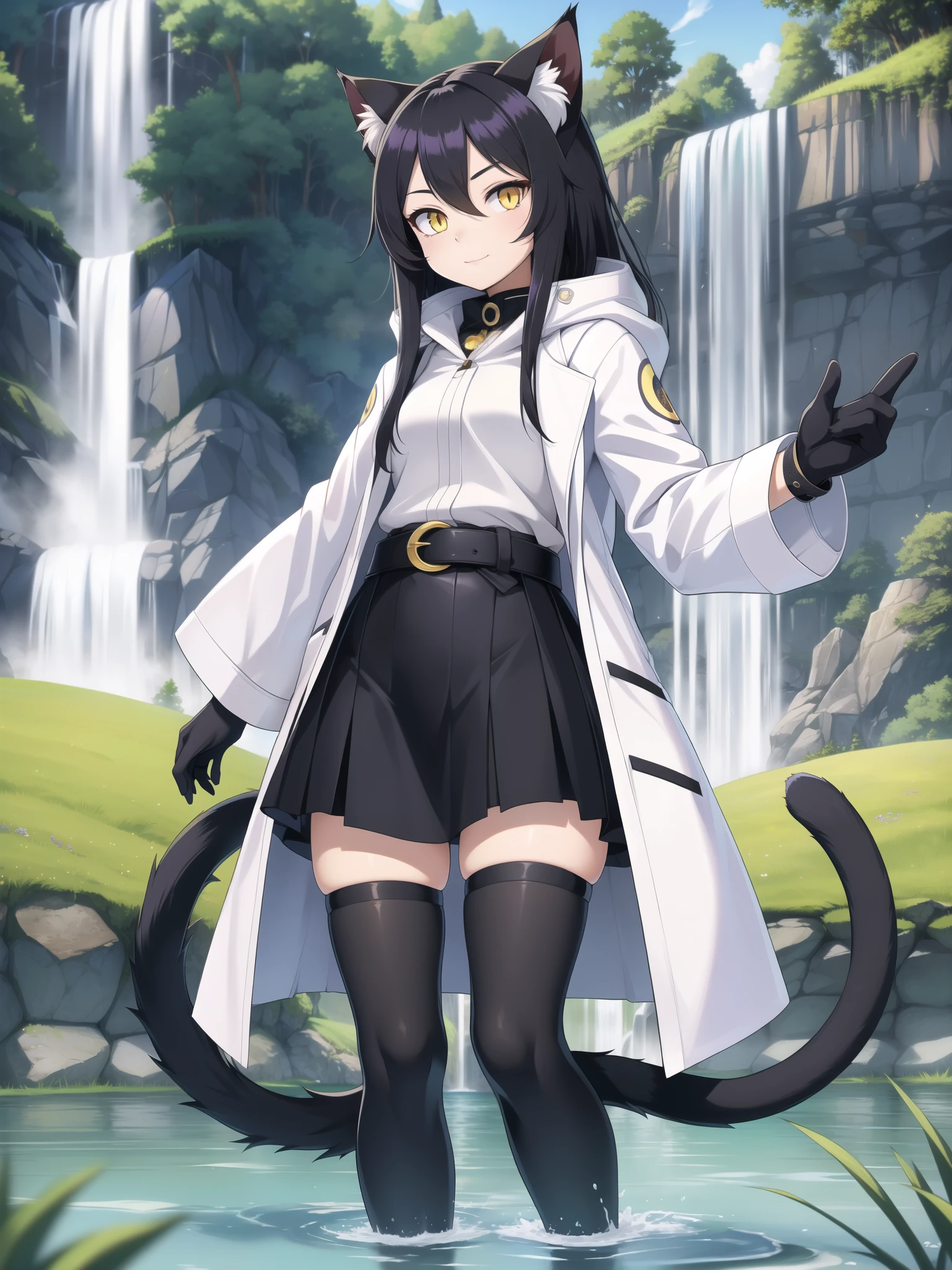 HD quality, masterpiece, wallpaper quality, detailed eyes, detailed face, solo, Female, Neko Female, cat ears, thigh-length coat, ((white coat)), grey belt around waist, Hair like Madara Uchiha, ((black anime hair)), cat eyes, purple eyes, ((yellow eye details)), cat tail, Black tail, (((black cat tail))), Lakeside, waterfall, fish in lake, ((at a lake with a waterfall)), grass, standing, looking at viewer,