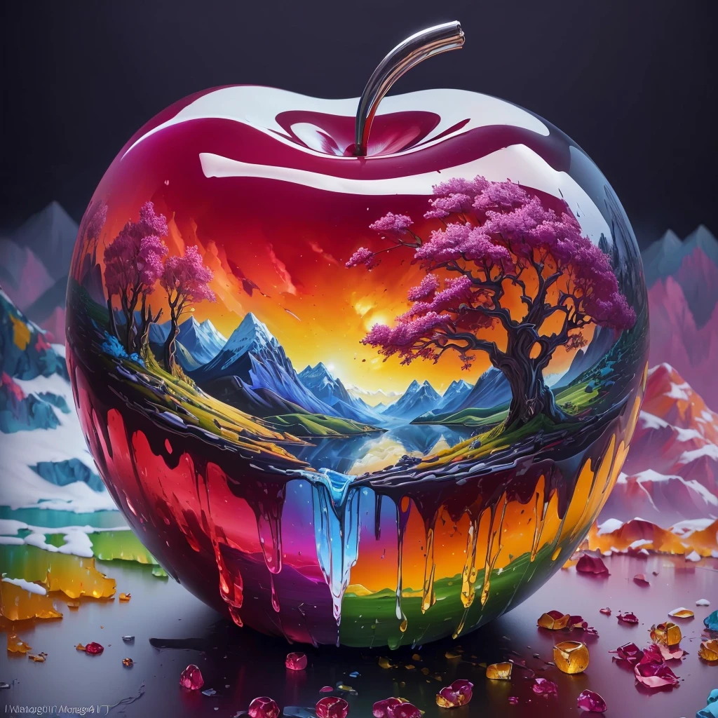 Colorful apples，There is a mountain scene painted on it, Highly detailed digital painting, you are wrong, Highly detailed 4k painting, Digital painting highly detailed, Colorful surrealism, Detailed painting 4k, Beautiful digital art, very Beautiful digital art, Super Fine, Stunning digital art, Epic surrealist 8k oil painting, Beautiful digital artwork, Highly detailed digital art