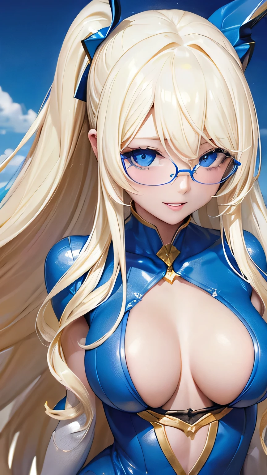 highest quality、Realistic、Women、zoom、Cobalt blue eyes、Long blond wavy hair、Hero Suit、Glossy white bodysuit、Blue and gold accents、slender、Dark Skin、Large Breasts、Glasses、Rooftop、An inappropriate smile、Bust Shot、