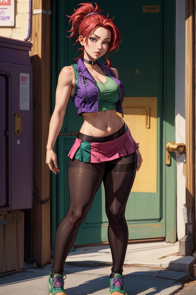 an accurate and detailed full body shot of an adult female character named Francesca, tall, slender, (seductive:1.4), stylized spiky medium-length hair, bright red hair, ponytail, hairclip, (dark pink eyes:1.2), long eyelashes, small cute nose, piercing, choker necklace, (crop top:1.3), (perky breasts:1.3), (green sleeveless jacket:1.3), midriff, (curvy hips:1.2), (black pantyhose:1.3), (purple mini skirt:1.3), blue running shoes, masterpiece, high quality, 4K