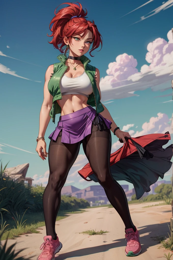 an accurate and detailed full body shot of an adult female character named Francesca, tall, slender, (seductive:1.4), stylized spiky medium-length hair, bright red hair, ponytail, hairclip, (dark pink eyes:1.2), long eyelashes, small cute nose, piercing, choker necklace, (crop top:1.3), (perky breasts:1.3), (green sleeveless jacket:1.3), midriff, (curvy hips:1.2), (black pantyhose:1.3), (purple mini skirt:1.3), blue running shoes, masterpiece, high quality, 4K