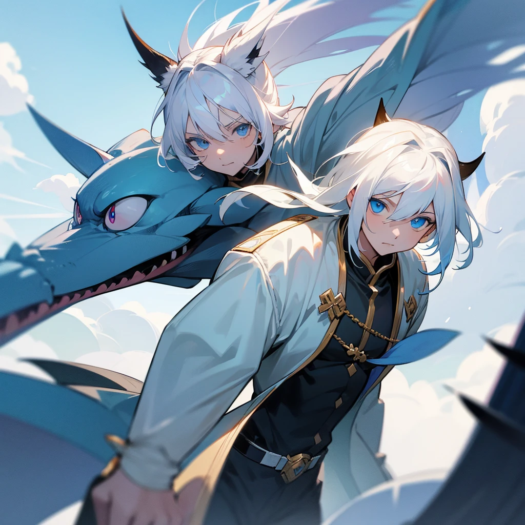 White hair-blue eyes boy, entering the city, of beastmen, next to white hair girl, beautiful sky, beiculos of all kinds