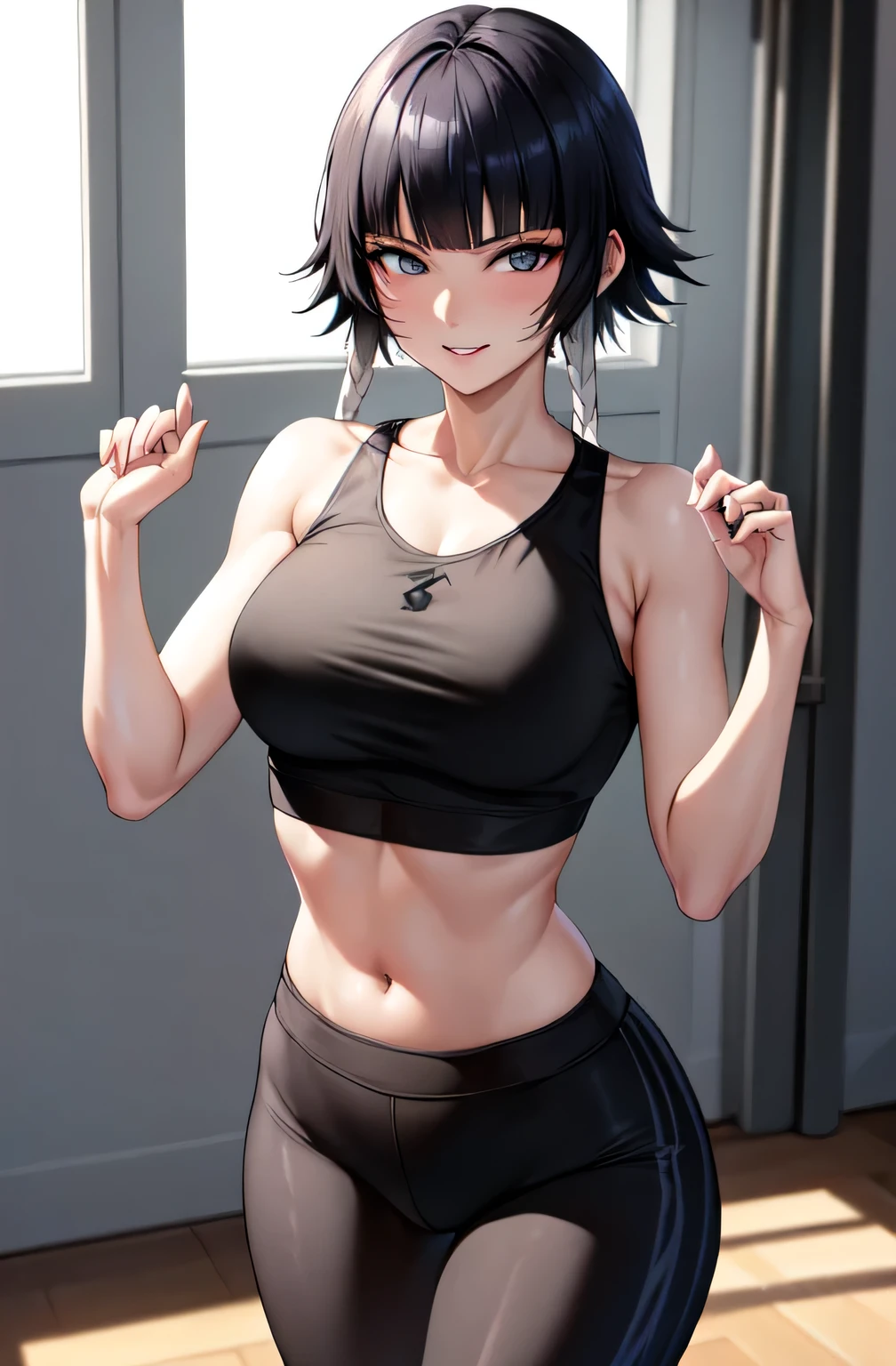 (masterpiece), (best quality), (beautiful eyes and face), (perfect female body), (shiny skin), 
looking at viewer, 
1girl, solo, sui-feng, black hair, short hair, short hair with long locks, grey eyes,
Medium breasts, muscular woman 
Shirt, crop top, sleeveless, yoga, yoga pants, 
smile, 
Standing, Gym, indoors 