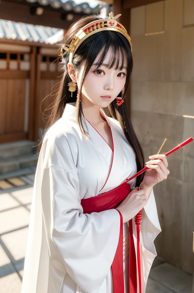 A Shinto priestess standing in a temple, wearing a white robe with a red line from the shoulders, holding a silver pair of scissors, with a gold hair ornament, long dark brown straight hair, close-up on the upper body, wearing a thin golden headband.