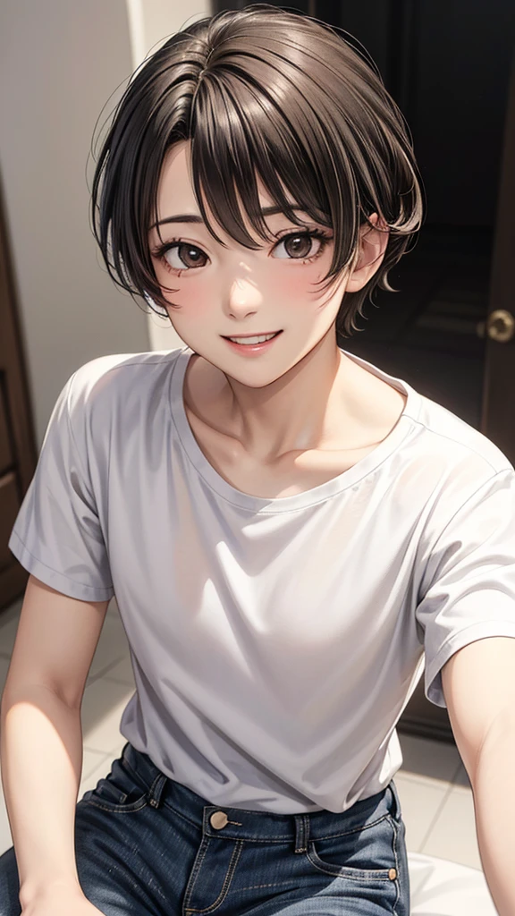 (Highest quality,Very detailed,High resolution:1.2),One adult male,Black Hair,The most beautiful young man in human history,(1 photo from the front),deep black eyes (deep black eyes:1.1),(Elaborate,wonderful) ,The smile when you meet your lover、smile、Smiling with teeth showing、jeans、A plain white T-shirt、Strong Body、manly、Sunburned skin、Shortcuts、Stocky physique、Confident expression、Very short hair、The bangs are swept to the side、Permed hair、Sharp eyes、Are standing、The background is pure white、looking at the camera、whole photo、Angle taken from below