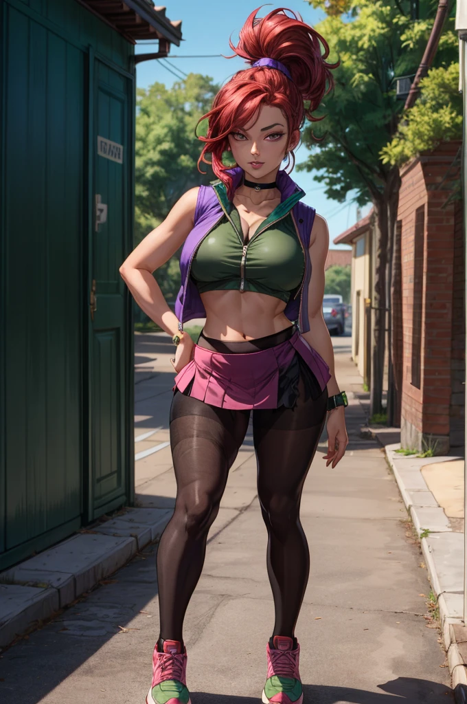 an accurate and detailed full body shot of an adult female character named Francesca, tall, slender, (seductive:1.4), stylized spiky medium-length hair, bright red hair, ponytail, hairclip, (dark pink eyes:1.2), long eyelashes, small cute nose, piercing, choker necklace, (crop top:1.3), (perky breasts:1.3), (green sleeveless jacket:1.3), midriff, (curvy hips:1.2), (black pantyhose:1.3), (purple mini skirt:1.3), blue running shoes, masterpiece, high quality, 4K