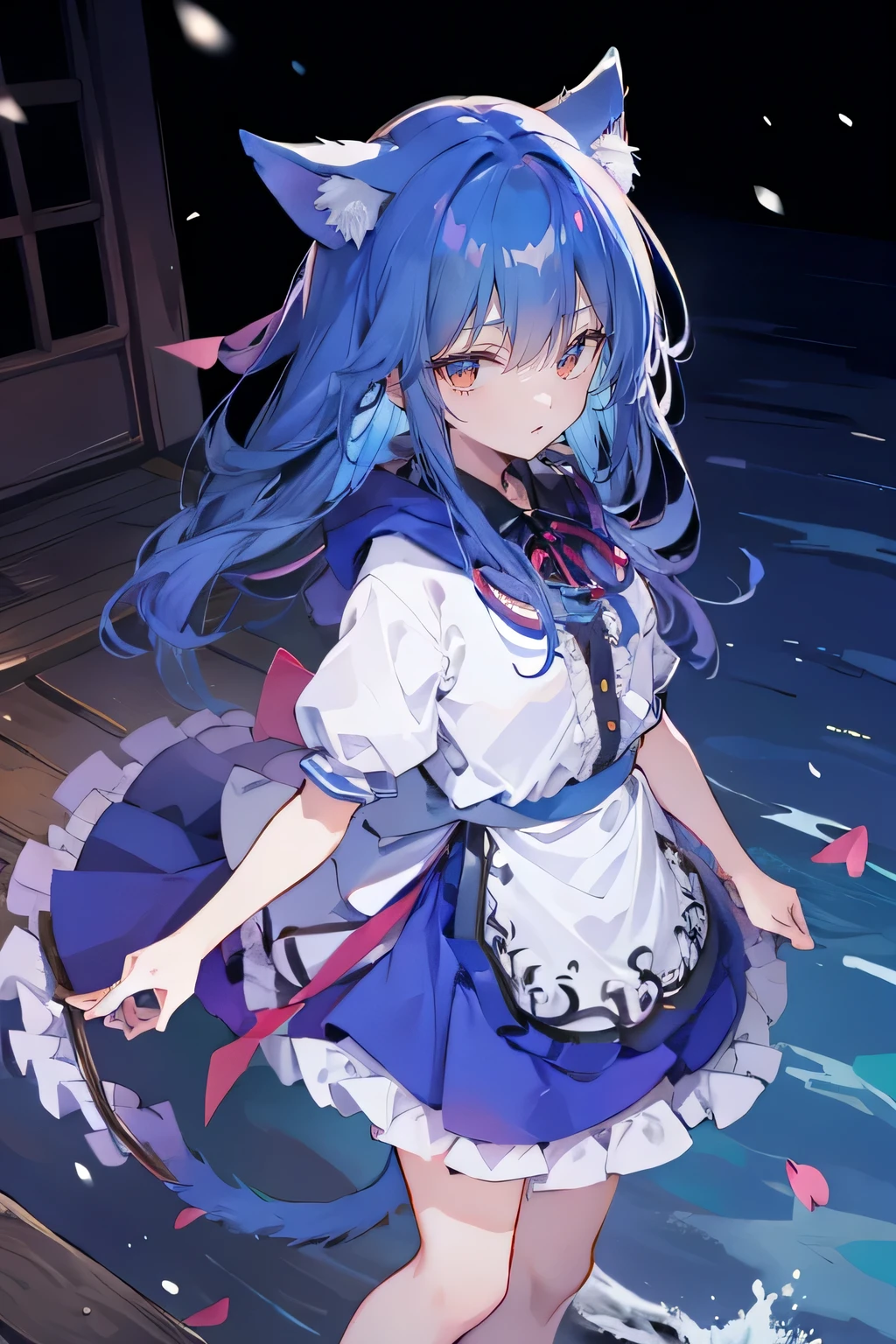 (masterpiece:1.2),Super detailed,lifelike,Expressive eyes,fair skin,perfect face shape,1 girl,
Japanese comics,Gorgeous blue hair,flowing blue hair,flowing clothes,Cat ears,Petals fall,beautiful lola,Baby Angel,
Shaking head with one hand,Cross your legs,Gentle and peaceful background,The pavilion is cool and comfortable,smile, wearing hoodie, background of tokyo,back views,snowing, winter,lie on the water.
