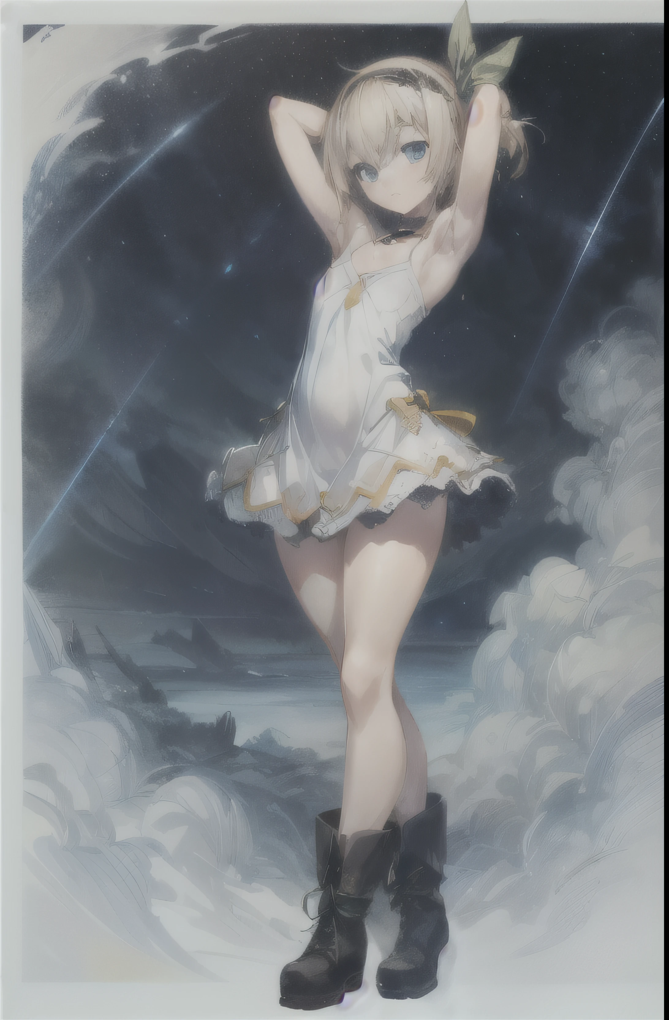 (((masterpiece,best quality,absurdres,8K))) ,ultra-detailed,illustratio,Explicit,Beautiful body,Beautiful Nose,Beautiful character design,perfect eyes,perfect face,wallpaper,ultra highres,4K,photography,
((small breasts:1.2,beautiful face:1.2,beautiful legs,perfect legs,shiny skin)),
((blonde hair,short hair,choker,side ponytail,ribbon,blue eyes,black choker,gloves,leg ribbon,single glove,hairband,full body,hair ribbon,dress,looking at viewer,tress ribbon,boots,white dress,skirt,collarbone)),
, (,from the front:1.5,arms behind head:1.5,thick thighs:1.5)