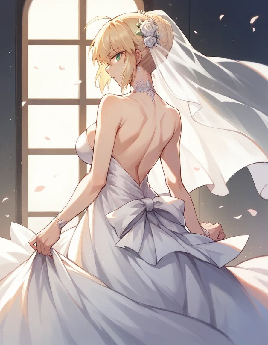 1 girl, saber (fate series), Artoria Pendragon (fate series), alternate breast size, bare shoulders, bare back, backless dress, white dress, wedding dress, looking at viewers