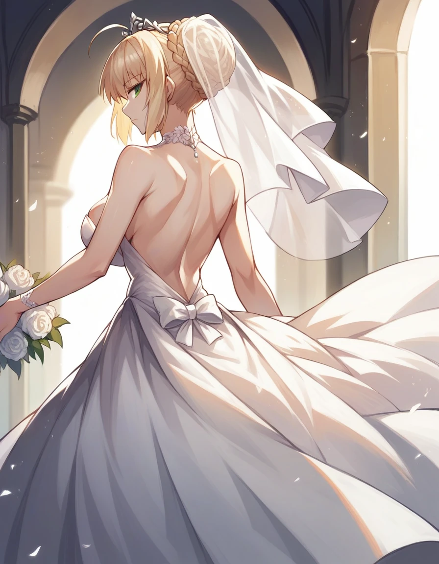 1 girl, saber (fate series), Artoria Pendragon (fate series), alternate breast size, bare shoulders, bare back, backless dress, white dress, wedding dress, looking at viewers