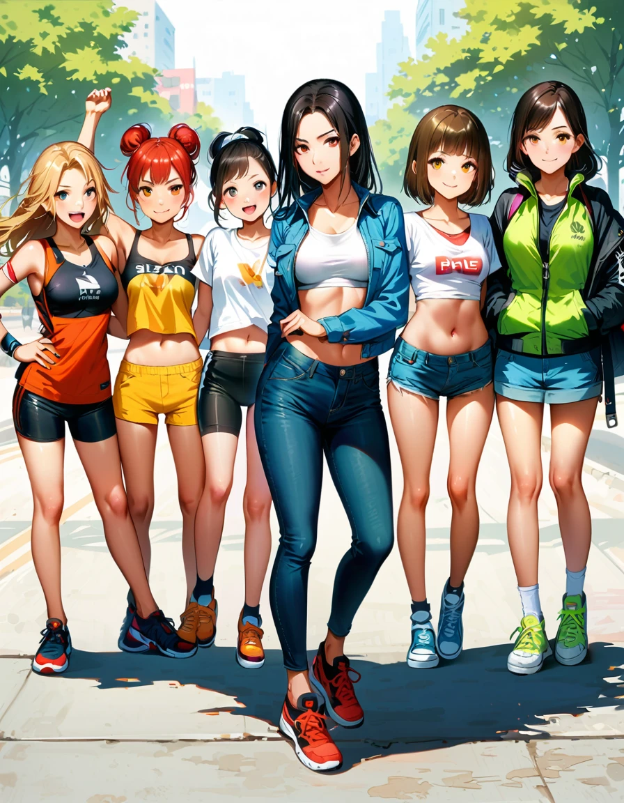 realism: 0.8), 6+ Girls, ( Girls: 1.4), Neat girl, (Flat Breasts: 1.4), (Naughty smile: 1.1), (swag: 1.1), 吊带Vest, net (Vest: 0.9), (Tube Top: 1.1), t-shirt, Off-shoulder cropped top, mini skirt, sports shoes, sandals, (denim: 0.9), (shorts: 0.9), compression shorts, (Parker: 1.1), (sport jacket: 1.1), (Trench coat: 1.1), (denim jacket: 1.1), (Unzip: 1.2), Open front end, AEON Shopping