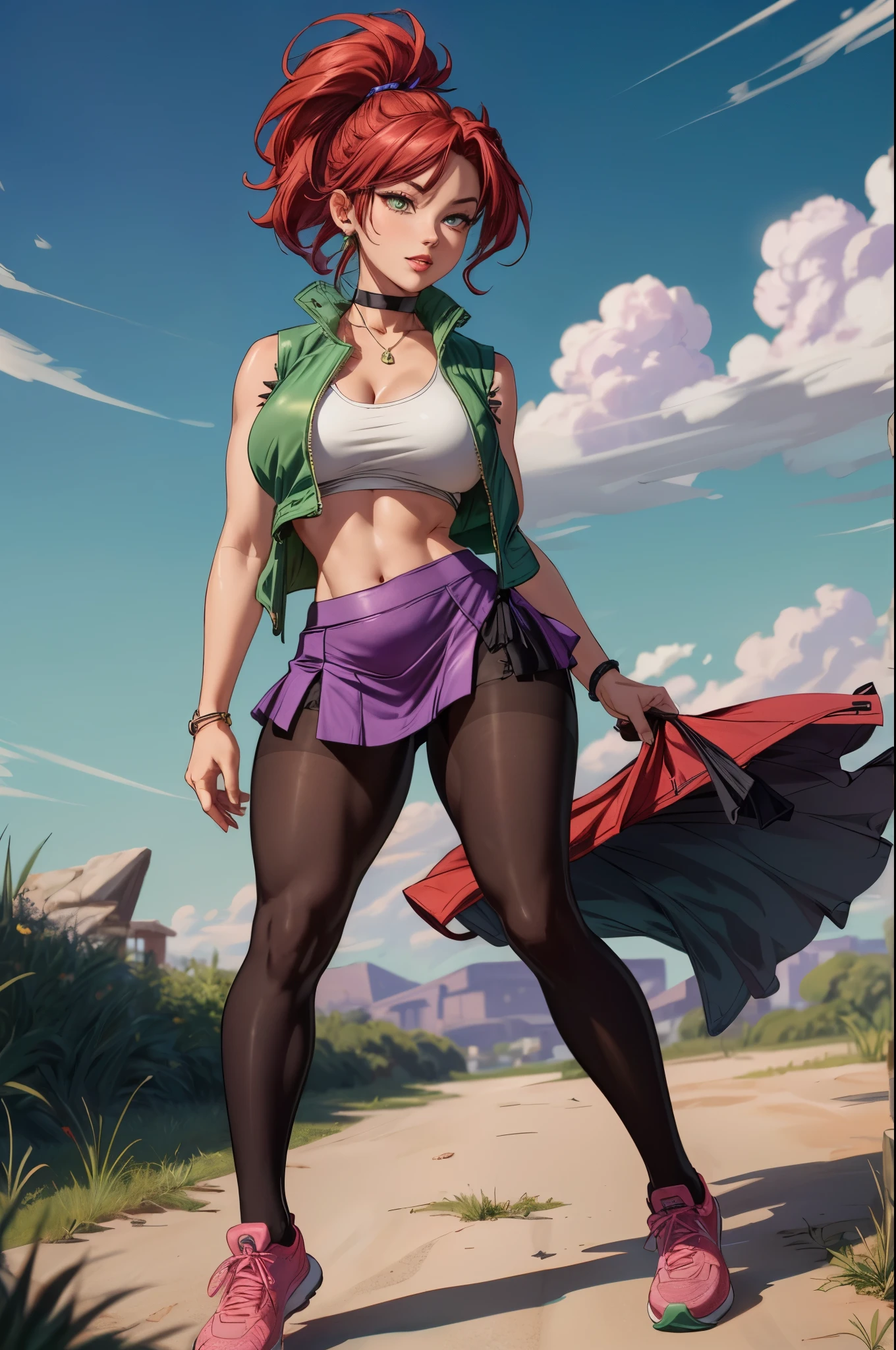 an accurate and detailed full body shot of an adult female character named Francesca, tall, slender, (seductive:1.4), stylized spiky medium-length hair, bright red hair, ponytail, hairclip, (dark pink eyes:1.2), long eyelashes, small cute nose, piercing, choker necklace, (crop top:1.3), (perky breasts:1.3), (green sleeveless jacket:1.3), midriff, (curvy hips:1.2), (black pantyhose:1.3), (purple mini skirt:1.3), blue running shoes, masterpiece, high quality, 4K