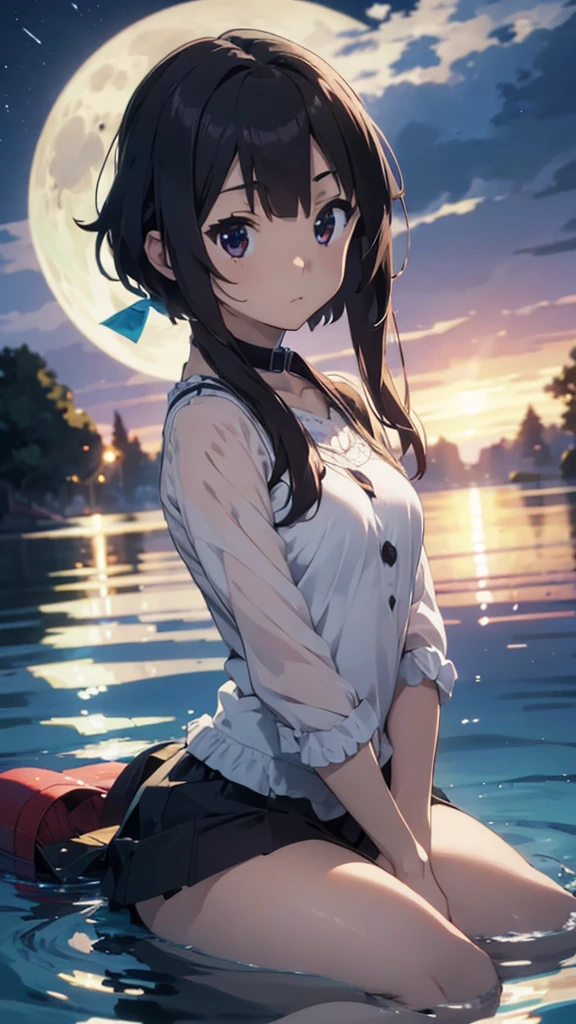 {{ultra-detailed}}, {{illustration}}, {{disheveled hair}}, {beautiful detailed eyes}, beautiful, amazing, detailed eyes, {{{masterpiece}}}, {realistic:0.5}, best quality, small breasts, short hair with long locks, best quality, female, (first_person_view), solo_focus, (on beautiful detailed water:1.3), arms behind back, wariza, sit, yokozuwari, full body, moon, full moon, oppai big