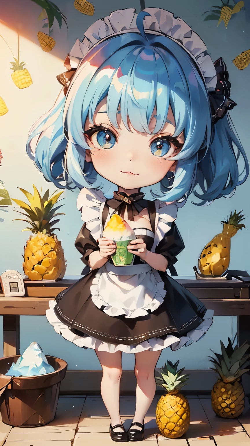 ((style:Colored pencil,pale colour)),(Chibi animation、One Chibi、masterpiece、Colored pencilで描かれた:1.2)、(Chibi Body、Small face、Cute all over、Light blue hair color, Short chignon hair:1.4),(Highly detailed eyes、Golden Eyes、Breast enlargement、Gloss Lip、 :3, Ahoge, Very thin legs)、(Big fresh pineapple:1.5)、(Maid、shaved ice、Gothic ta:1.5),(The wind is blowing、Hold your knees、Pineapple Wallpaper、shaved iceを抱えて、Summer vacation、Highly detailed art gems:1.4)、(Cartoon character close-up, splash art anime, アニメ 萌え アートstyle, change, Stylized anime, かわいいアートstyle, Anime-style illustrations, 8k, Cute girl anime visuals)