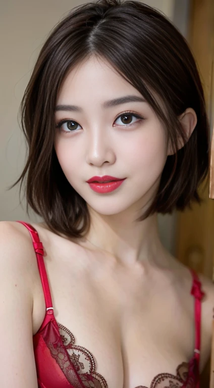 blush a little and smile, (Top quality masterpiece:1.2) Delicate illustrations, Very detailed, /Beautiful Japanese Woman、1 person,Very cute and slim、Great style 、((8k images、super high quality))、Very delicate face, Skin and Hair、Big Breasts、beautifule forehead、Red lipstick、(((((short hair、Light brown hair、lure))))),Very cute Japanese cut face、Eyes and nose are clearly visible、Kind eyes,((((Red Lingerie))))